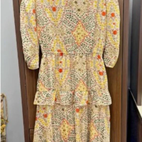 ba&sh Paris Happy Dress | Boho Ruffle Tiered Midi | Earth-Tone Floral | Small - Picture 10 of 13